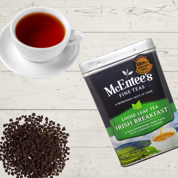 Tè irlandese miscela oro latta da 500g e set colino e maniglia a pressione - McEntee's Tea