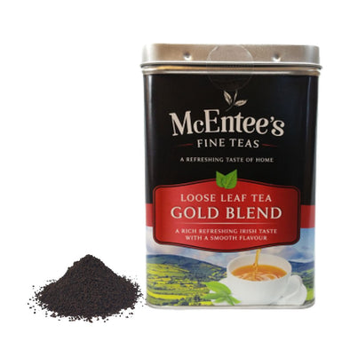McEntee's Fine Teas Loose Leaf Tea Gold Blend can with tea leaves on a white background