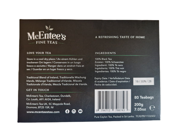 McEntee’s Irish Breakfast Biodegradable Teabags – Foil Wrapped for Freshness (80 Teabags)