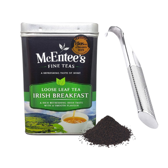 Juego de colador con mango de empuje y lata de 500 g de té de mezcla de oro irlandés - McEntee's Tea