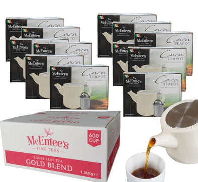 Café Loose Tea Starter Pack 12 Teapots with Strainers (51cl\17.2oz) & 1.35kg Gold Blend Tea Catering Box