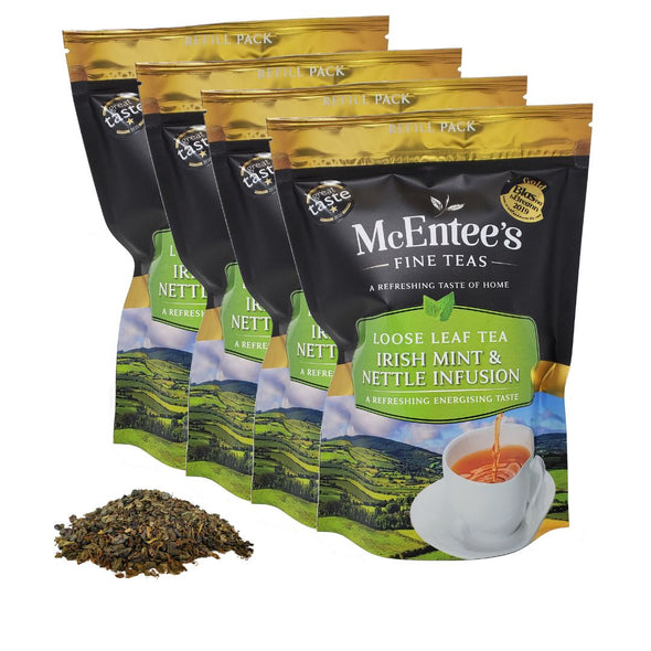 Packaging of McEntee's Fine Teas Irish Mint & Nettle Infusion with loose leaf tea on a white background
