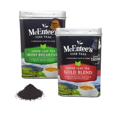 Two tins of McEntee's Fine Teas loose leaf tea on a white background