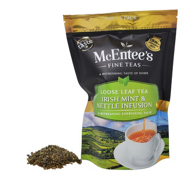 McEntee's Fine Teas Irish Mint & Nettle Infusion package with loose leaf tea on a white background