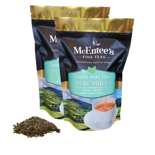 McEntee's Fine Teas Pure Mint loose leaf tea package with tea leaves on a white background