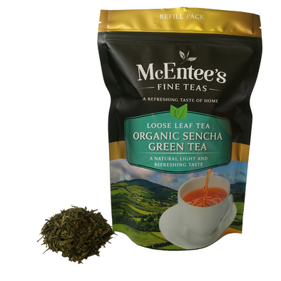 McEntee's Fine Teas Organic Sencha Green Tea package with loose leaf tea and a cup of tea on a white background