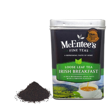 Tea Caddy of McEntee's Fine Teas Irish Breakfast loose leaf tea on a white background