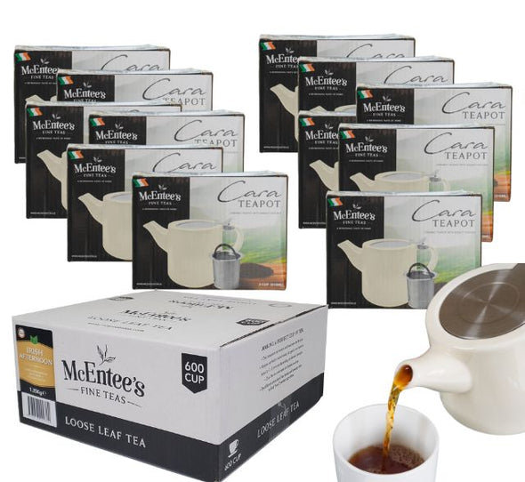 Café Loose Tea Starter Pack 12 Teapots with Strainers (51cl\17.2oz) & 1.35kg Irish Afternoon Blend Tea Catering Box