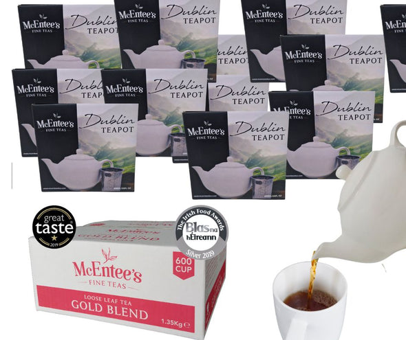 Café Loose Tea Starter Pack 12 Strainer Teapots with 1.35kg Irish Gold Blend Tea